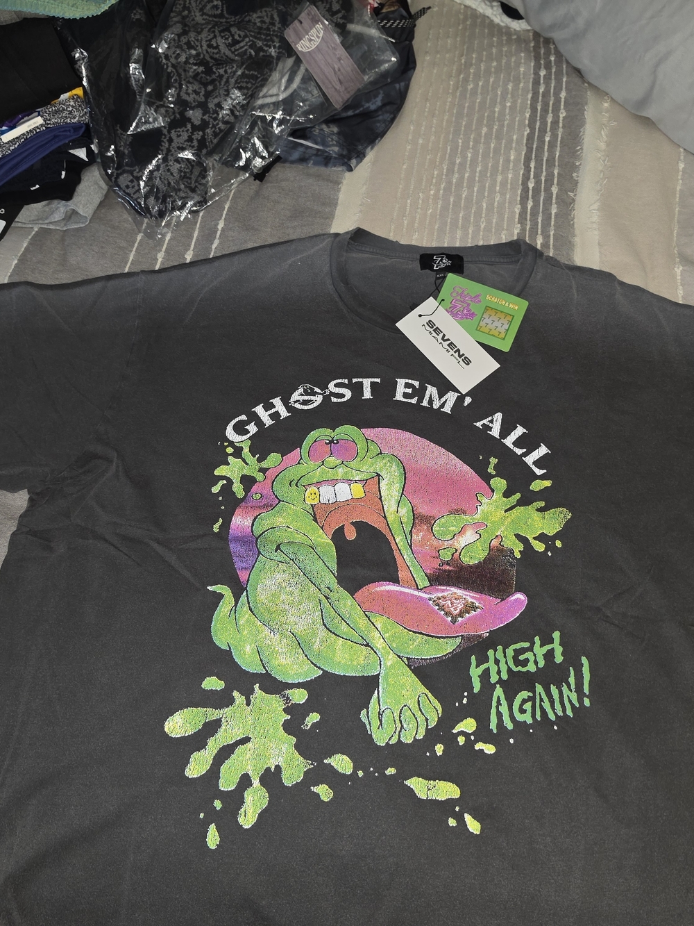 Triple 7 Black Tee with Green Slimer Graphic and Pink Accent